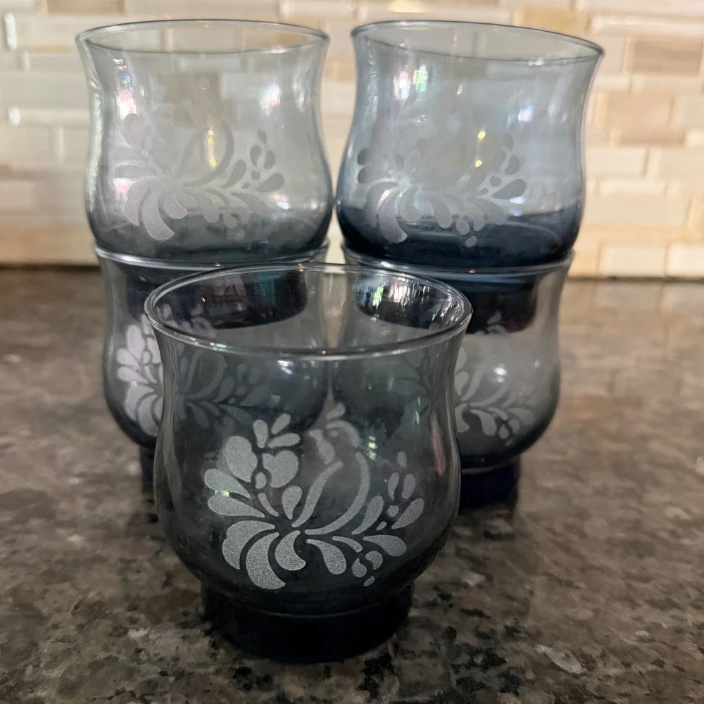 Vintage Pfaltzgraff Yorktown etched floral Glasses Smoked Blue Set of 5